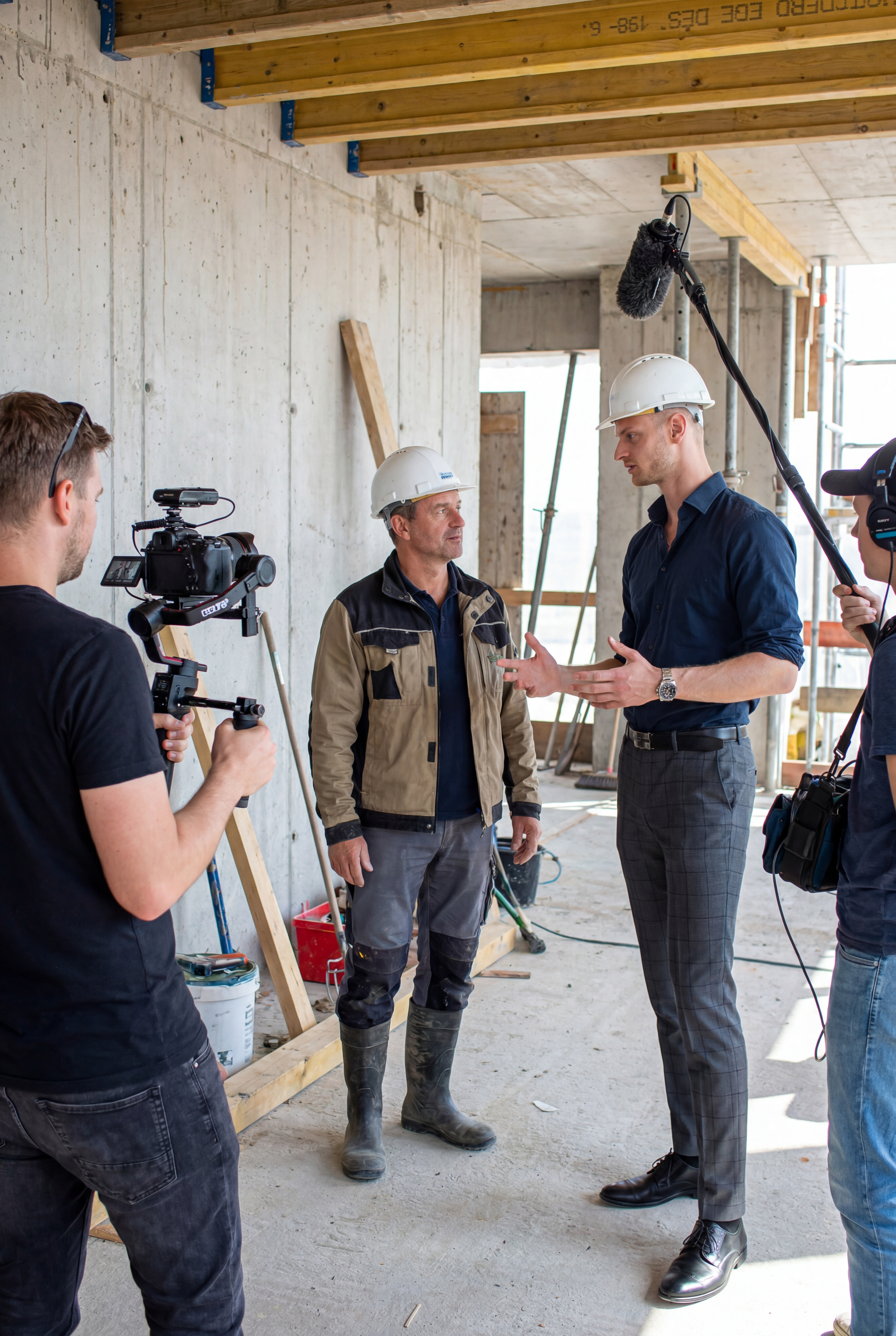 Geronimo Jung bei einem Recruiting-Videodreh mit einem Kunden auf einer Baustelle